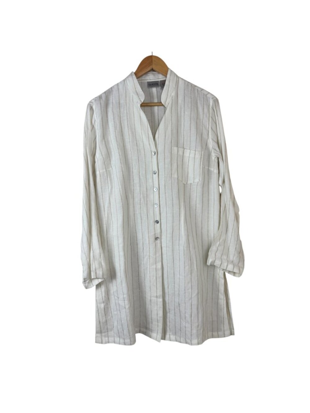 Chico's Linen Blend Long Line Tunic Blouse Top Size 1 (US Med) Ivory Metallic